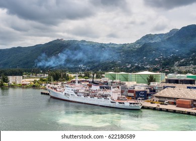 Victoria, Mahe island, Seychelles - December 17, 2015: Oceanographic research ship Admiral Vladimirsky (Russian Baltic Fleet) in the Port Victoria, Mahe island, Seychelles on the way to Antarctica.