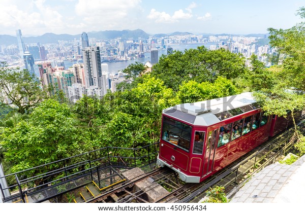 Victoria Peak Tram\
and Hong Kong city\
skyline