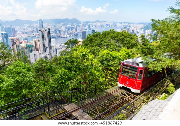 The\
Victoria Peak Tram and Hong Kong city\
skyline