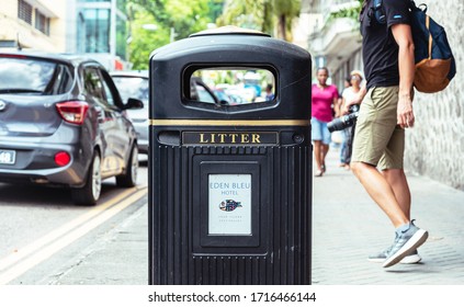 Victoria, Seychelles - January 6, 2020:  garbage bin at main street at Victoria city on Mahe Island