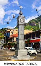 VICTORIA, SEYCHELLES - JULY 7: Victoria is smallest African capital shown on July 7, 2011, Mahe, Seychelles. Main attraction in the city a clock tower modeled on that of Vauxhall Clock Tower in London, England.