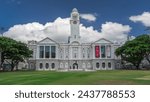 The Victoria Theatre and Concert Hall is a performing arts center in the Central Area of Singapore timelapse hyperlapse. Statue of Sir Stamford Raffles outside of entrance.