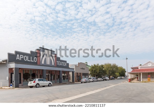 VICTORIA WEST, SOUTH AFRICA - SEP\
2, 2022: A street scene, with the historic Apollo Art Deco Theatre\
and Restaurant, in Victoria West in the Northern Cape\
Province