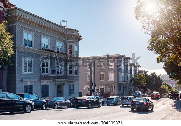 Victorian\
architecture in San Francisco California USA. Architecture of the\
residential buildings with a colorful\
facades
