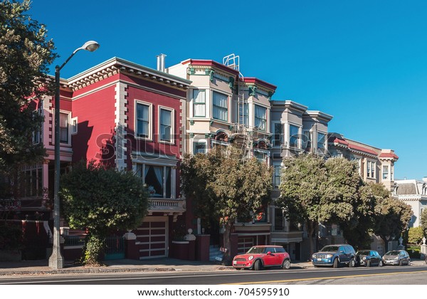 Victorian\
architecture in San Francisco California USA. Architecture of the\
residential buildings with a colorful\
facades