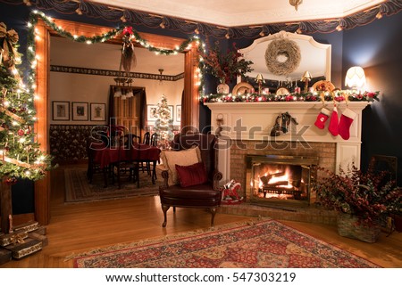 Victorian Christmas Setting with Fireplace