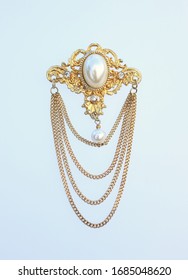 Victorian Style Cameo Swag Brooch With Dangle Chains And Faux Pearl