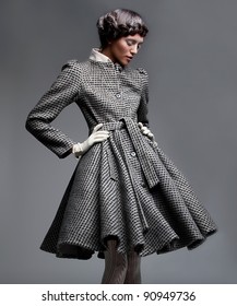 Victorian Style - Fashion Model Lovely Woman Brunette In Retro Coat - Series Of Photos