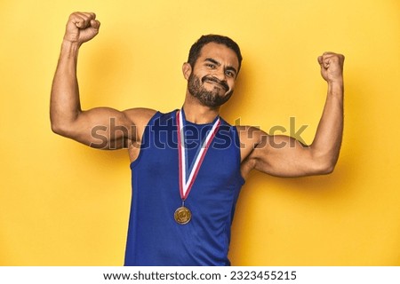 Victorious Latino athlete with a gold medal, symbol of achievement and success.