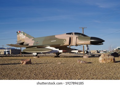 Victorville, CA, USA - February 28, 2021: image of a restored McDonnell Douglas F-4C Phantom II jet on display. The Phantom entered service in 1964 and had a top speed of over Mach 2.2. 