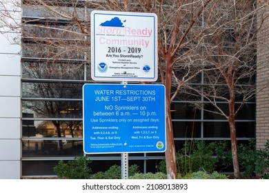 Victorville, CA, USA – January  12, 2022: Water Restriction Sign Posted At City Hall In Victorville, California. 