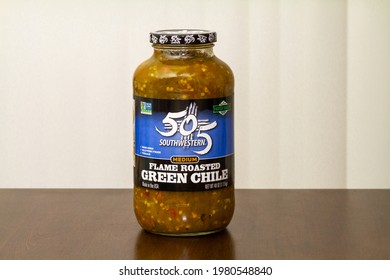 Victorville, CA, USA – May 26, 2021: A Large Jar Of 505 Southwestern Flame Roasted Green Chile From The Hatch Valley In New Mexico. 