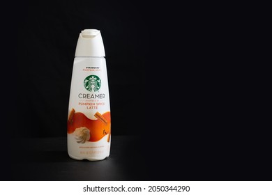 Victorville, CA, USA – September 29, 2021: A Bottle Of Starbucks Pumpkin Spice Latte Coffee Creamer In A White Bottle With A Black Background. 