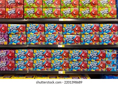 Victorville, CA, USA – September 8, 2022: Boxes Of Kool-Aid Jammers Tropical Punch Drink On A Store Shelf At Winco Supermarket In Victorville, California.