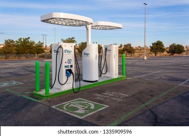 Victorville, California / United States - March 11, 2019: An EVgo charging station at the Victor Valley Mall in the City of Victorville.