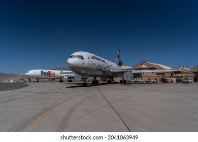 Victorville, California, USA, June 2021, Southern California logistics airport, aka as Victorville Airport, Lufthansa and FEDEX McDonnell Douglas MD-11cargo airplanes, stored due to coronavirus 