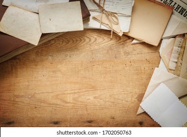 Victory Day - 9 Of May 1945. St. George Ribbon, Front-line Letters Album Photos And Post Card Of The Second World War On  Vintage Wooden Table. Flat Lay Top View With Copy Space For  Your Text.