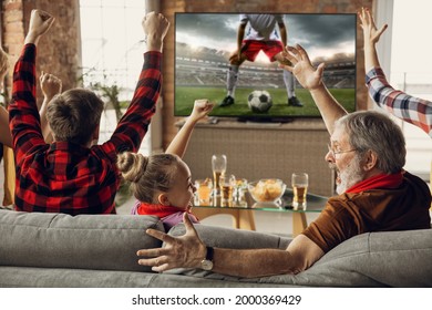 Victory. Excited, Happy Family Watch American Football Match, Championship On The Couch At Home. Fans Emotional Cheering For Favourite National Team. Daughter, Dad And Grandpa. Sport, TV, Having Fun.