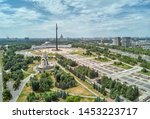 Victory monument. Victory Park on the Poklonnaya Gora the Poklonnay Hill. Cityscape aerial drone panoramic view.