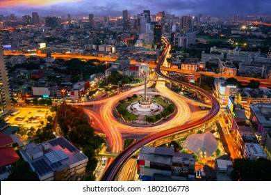 Victory Monument Thailand In Bangkok City With Sunset And Building Background, View Point From Rooftop Of Hotel In Bangkok.