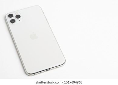 Vidalia, Georgia / USA - September 27, 2019: A Studio Product Shot Of Apple’s IPhone 11 Pro Max Mobile Phone In Silver Set On White Background.