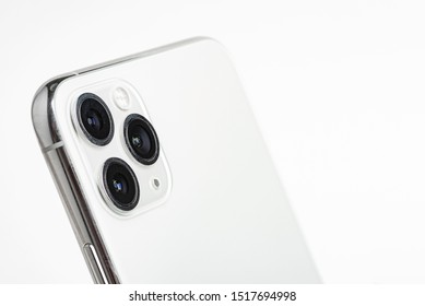 Vidalia, Georgia / USA - September 27, 2019: A Studio Product Shot Of Apple’s IPhone 11 Pro Max Mobile Phone In Silver Set On White Background.