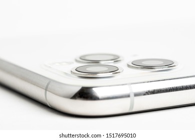 Vidalia, Georgia / USA - September 27, 2019: A Studio Product Shot Of Apple’s IPhone 11 Pro Max Mobile Phone In Silver Set On White Background.