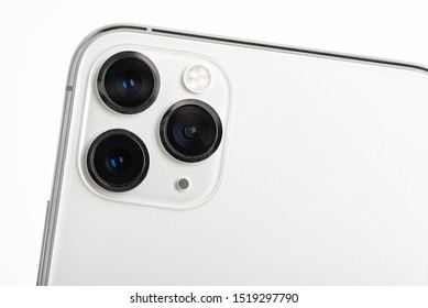 Vidalia, Georgia, USA / September 27, 2019: A Studio Product Shot Of Apple’s IPhone 11 Pro Max Mobile Phone In Silver Set On White Background.