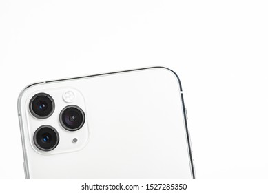 Vidalia, Georgia / USA - September 27, 2019: A Studio Product Shot Of Apple’s IPhone 11 Pro Max Mobile Phone In Silver Set On White Background.