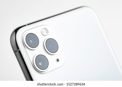 Vidalia, Georgia / USA - September 27, 2019: A Studio Product Shot Of Apple’s IPhone 11 Pro Max Mobile Phone In Silver Set On White Background.