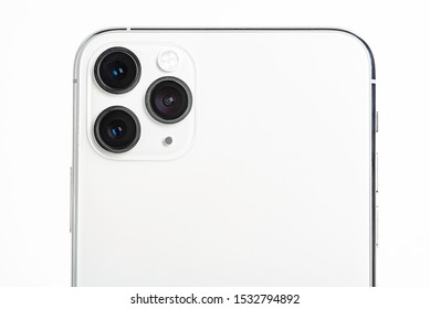 Vidalia, Georgia / USA - September 27, 2019: A Studio Product Shot Of Apple’s IPhone 11 Pro Max Mobile Phone In Silver Set On White Background.