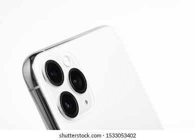 Vidalia, Georgia / USA - September 27, 2019: A Studio Product Shot Of Apple’s IPhone 11 Pro Max Mobile Phone In Silver Set On White Background.