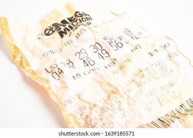 Vidalia, Georgia / USA - September 9, 2019: A Close-up Studio Shot Of The Crumpled Georgia Mega Millions Lottery Printout Ticket.