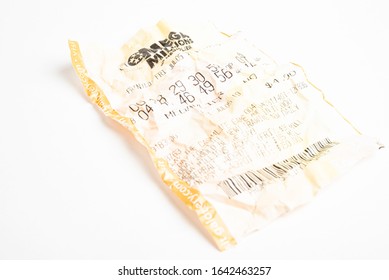 Vidalia, Georgia / USA - September 9, 2019: A Close-up Studio Shot Of The Crumpled Georgia Mega Millions Lottery Printout Ticket.