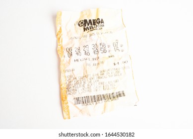 Vidalia, Georgia / USA - September 9, 2019: A Close-up Studio Shot Of The Crumpled Georgia Mega Millions Lottery Printout Ticket.