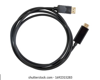 Video cable Display Port to HDMI, black, rolled into a ring, with two gold-plated connectors. Top View. Isolated on white.