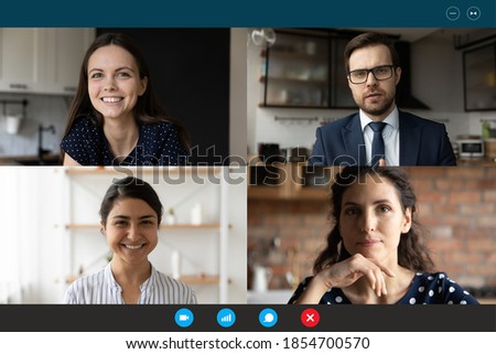 Video call application computer gadget screen view happy diverse multiracial young businesspeople colleagues involved in project discussion, enjoying modern distant online working communication.
