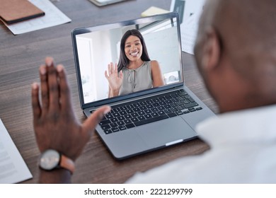 Video Call, Business People And Laptop, Communication And Technology, Hello During Job Interview With Hr Or Virtual Business Meeting. Black Woman, Man And Discussion, Tech And Video Conference.