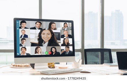 Video Call Business People Meeting On Virtual Workplace Or Remote Office. Telework Conference Call Using Smart Video Technology To Communicate Colleague In Professional Corporate Business.