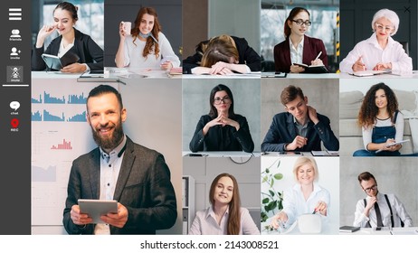 Video Call. Business Webcast. Remote Presentation. Corporate Webcast. Screenshot Of Diverse Team Working From Home In Virtual Office.