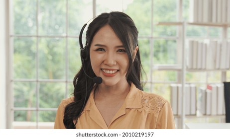 Video Call Camera View Of Businesswoman Talks Actively In Videoconference . Call Center, Telemarketing, Customer Support Agent Provide Service On Telephone Video Conference Call.