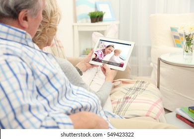 Video Call And Chat Concept. Senior People Video Conferencing On Tablet