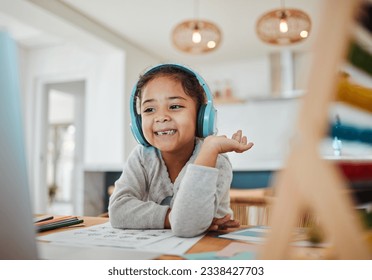 Video call, computer and child e learning, online class and home education, translation and listening on headphones. Happy kid or excited girl on laptop with audio streaming service or virtual school