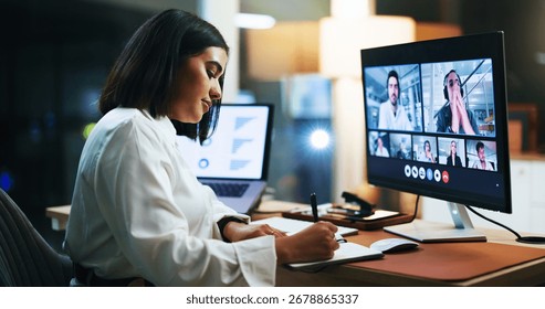 Video call, computer screen and notebook with business woman in office for night, webinar agenda and contact. Online meeting, virtual conference and writing with person for overtime and chat