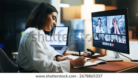 Video call, computer screen and notebook with business woman in office for night, webinar agenda and contact. Online meeting, virtual conference and writing with person for overtime and chat