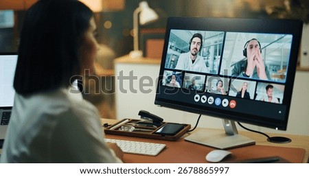 Video call, computer screen and team with business woman in office for night, b2b webinar and contact. Online meeting, virtual conference and streaming seminar with person for overtime and chat
