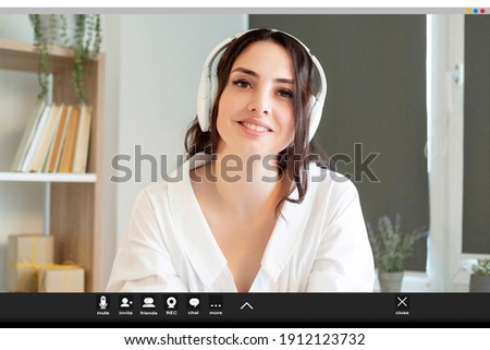 Video call. Distance learning. Online education. Business webinar. Screenshot of confident successful cheerful female leader coach in wireless headphones working from home office.