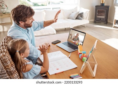 Video Call, Education And Learning With A Girl, Father And Teacher In A Remote Meeting On A Laptop From Home To Attend A Virtual Class. Studying, Technology And School With A Man And Daughter Waving