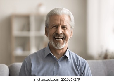 Video call event, older generation man head shot. Grey-haired bearded man with attractive appearance, optimistic mood, posing for camera sit on couch indoors, feel happy and satisfied. Home portrait - Powered by Shutterstock