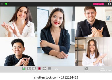 Video Call. Group Conference. Virtual Presentation. Corporate Webcast Wfh. Satisfied Diverse Multiethnic Business Team Applauding Greeting Successful Female Colleague At Digital Office On Screen.